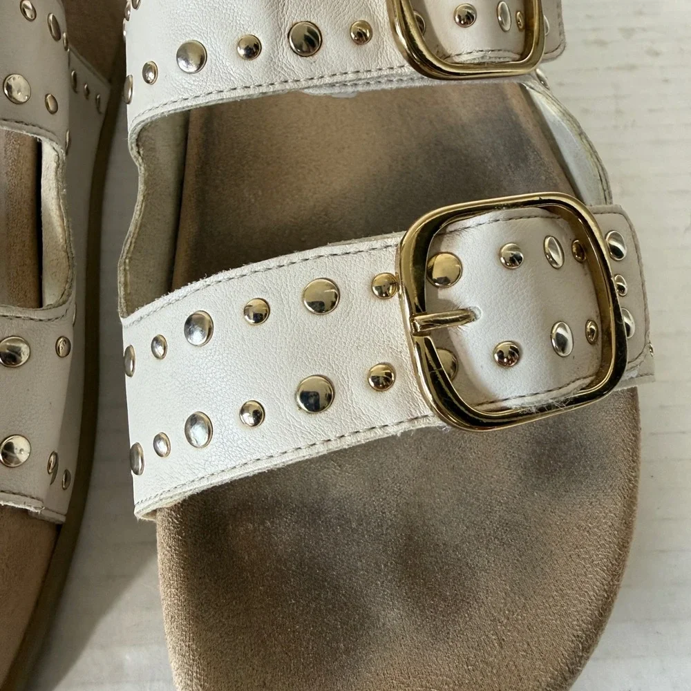 Paul Green Womens 2 Strap White Gold Hook Loop Studded Platform Sandals Size 7.5